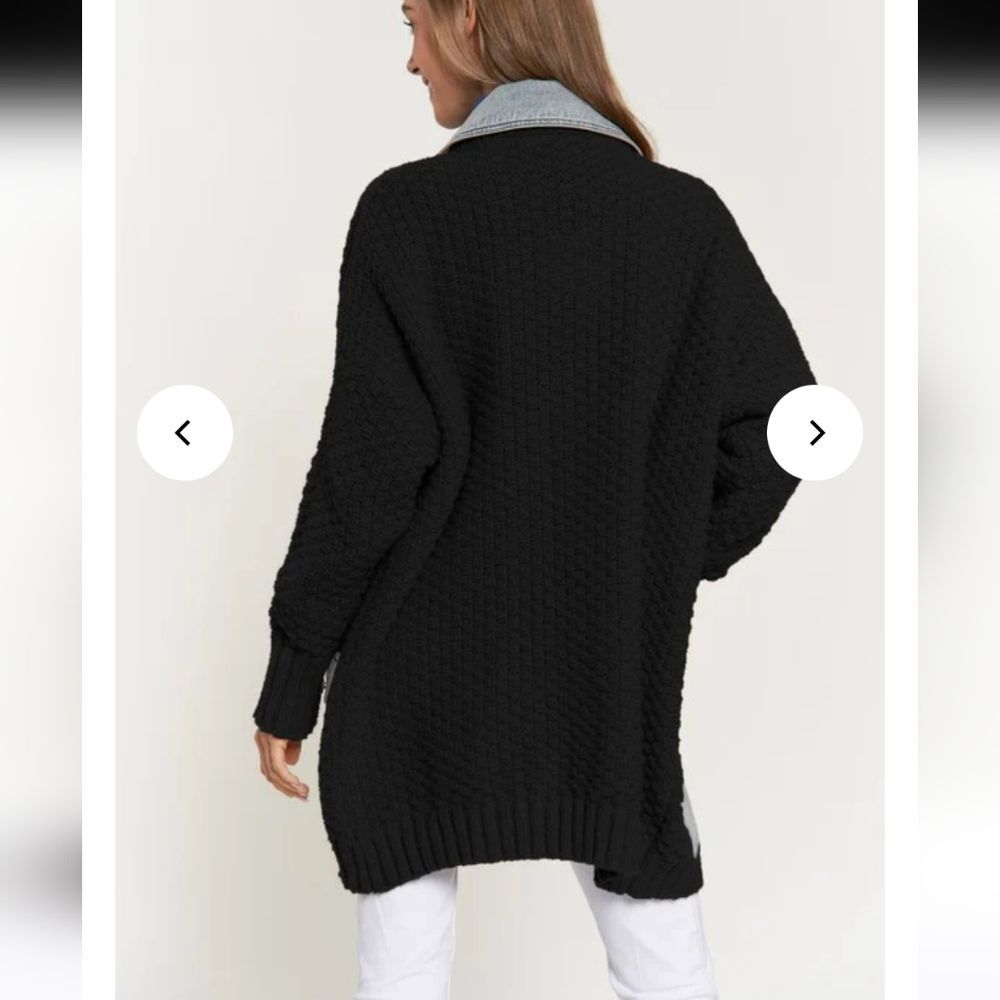 Davi & Dani Denim Collar Black Chuncky Knit  Button Front Cardigan Oversized S - Picture 2 of 14